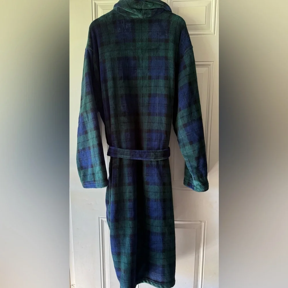 Polo Ralph Lauren Green and Blue Plaid Tartan Plush Long Robe